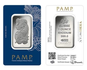 1 oz Pamp Rhodium Bar Front and Back